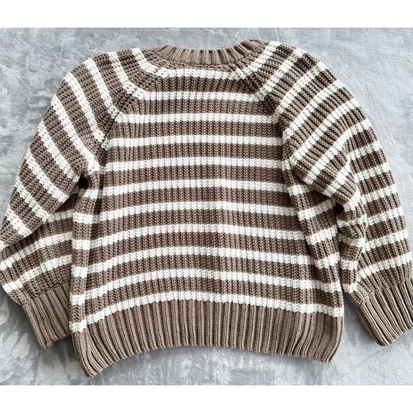 Dip Womens Sweater Crewneck Tan White Stripe Pullover Fuzzy Chennille Chunky XL - Picture 2 of 5